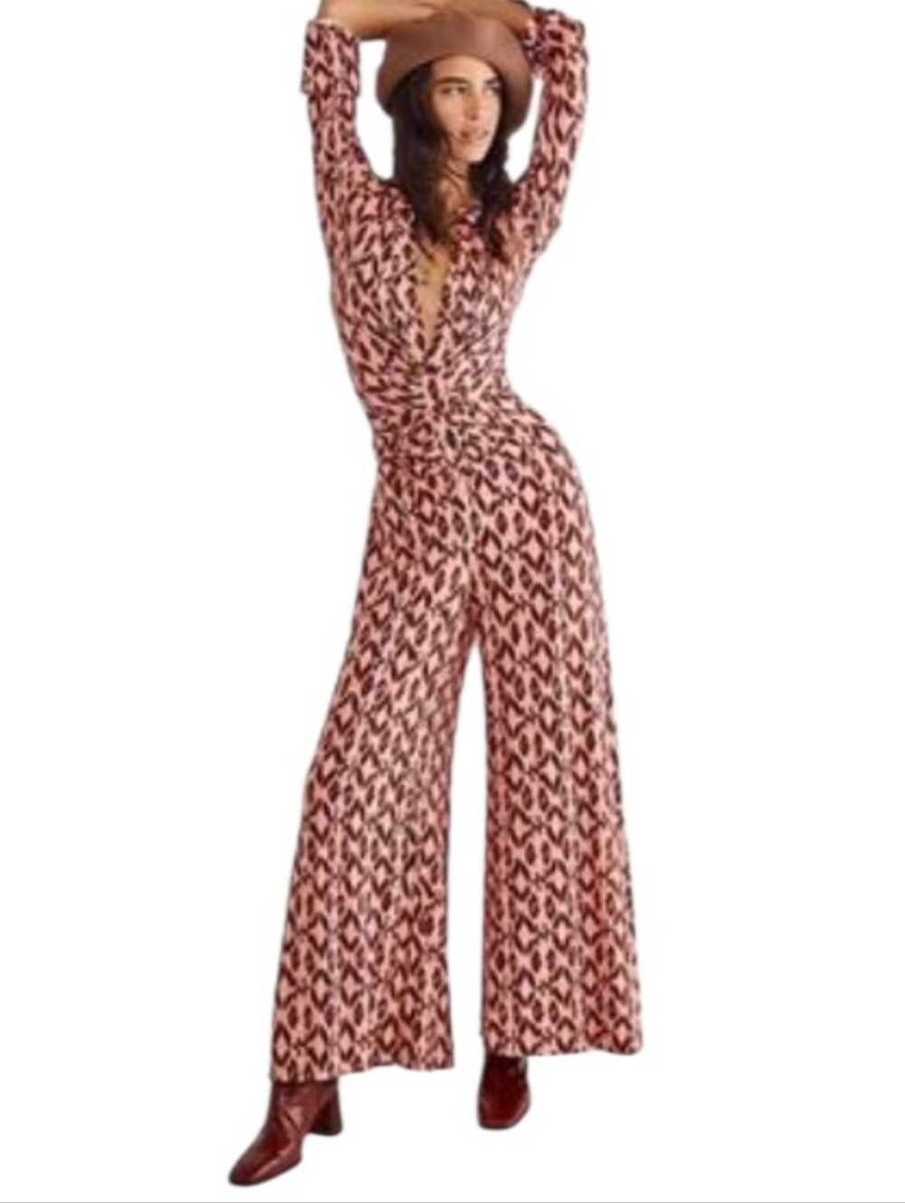 Free People Shayla Wide-Leg Pink Patterned Button Front Jumpsuit